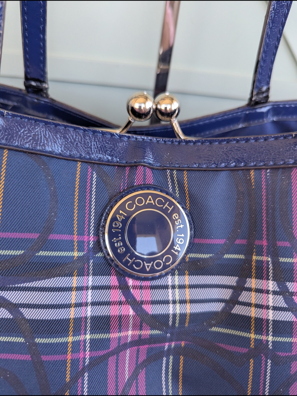 Coach Navy Plaid Tote with Pink and White Accents - Picture 3 of 14